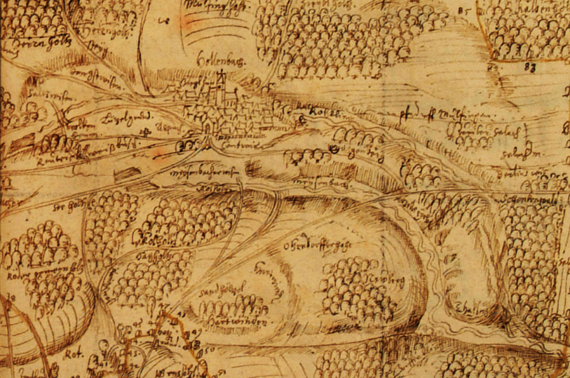 Hollenbach auf der Karte der Waldenburgischen Jagd, General-Grenzbereitung der Grafschaft Hohenlohe-Neuenstein von Michael Hospin, 1607, Vorlage: Landesarchiv BW, HZAN GA 100 Nr. 137-5, 1