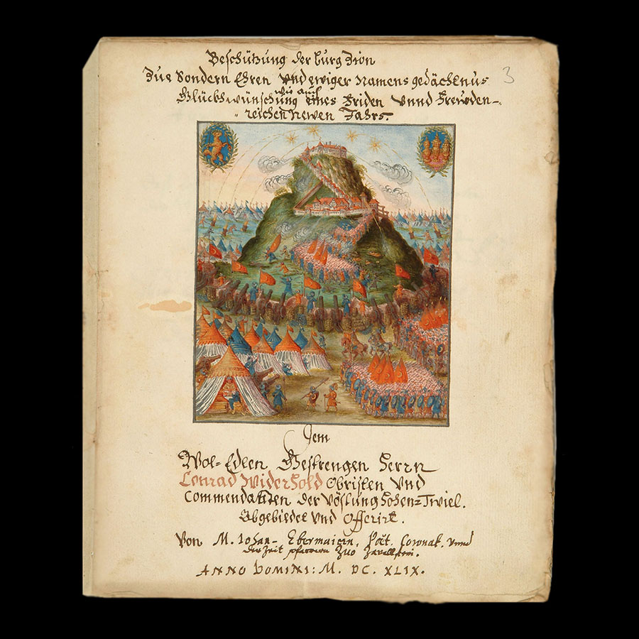 Titelblatt der Beschützung der Burg Zion von Johann Ebermaier, 1649, Vorlage: Landesarchiv BW, HStAS J 1 Bd. 98, Bl. 3r