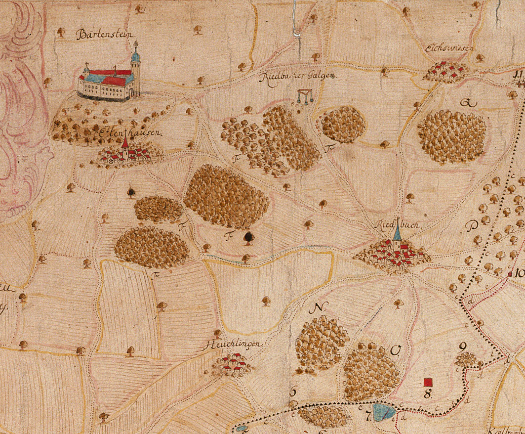 Die im Jahr 1632 zerstörte und wieder aufgebaute Burg Bartenstein auf einer Karte der Bartenstein-Langenburg- und Schrozberger Jagd von G.A. Rübel, um 1700, Vorlage: Landesarchiv BW, HZAN GA 100 Nr. 23 