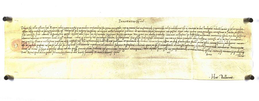 Breve: Papst Innozenz VIII. bestätigt dem Haller Rat die Gültigkeit aller seiner bisher demselben erteilten Privilegien, Indulte und Konzessionen. 1487 Januar 23, Rom (Quelle: Landesarchiv BW, StAL B 186 U 1603)