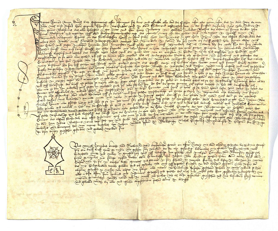 Deutschsprachiges Notariatsinstrument: 1487 März 23, ausgestellt in Wimmental von Konrad Knecht von Möckmühl, öffentlicher Notar kaiserlicher Autorität (Quelle: Landesarchiv BW, StAL B 503 I U 934)