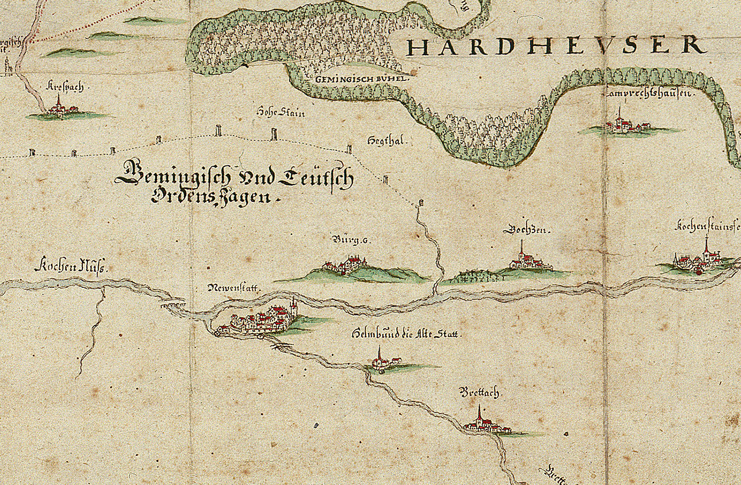 Neuenstadt und Umgebung auf einer Karte des Hardthäuser Walds, vermutlich 18. Jh. Quelle: Landesarchiv BW, HStAS N 3 Nr. 23/5