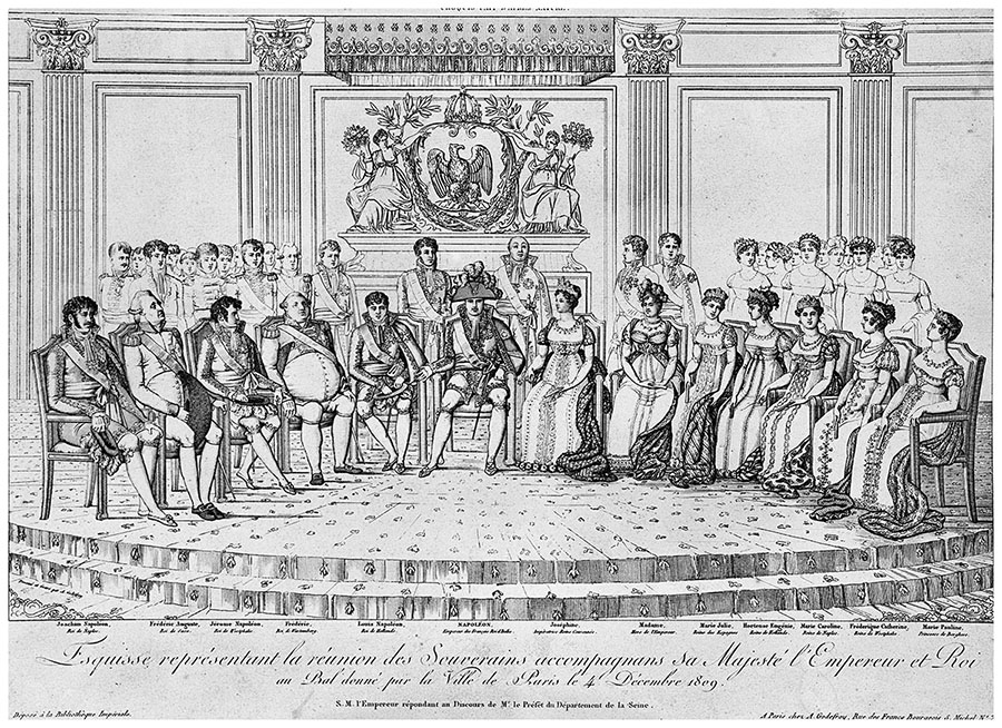 Napoleon im Kreise seiner Familie mit König Friedrich I. von Württemberg, Kupferstich von 1809. Quelle LMZ BW