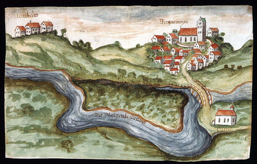 Der Landauhof bei Binzwangen, heute Gemeinde Ertingen, auf einer Karte zur geplanten Umleitung der Donau, 1711, Quelle Landesarchiv BW, StAS Dep. 30/15 T 1 Nr. 1002