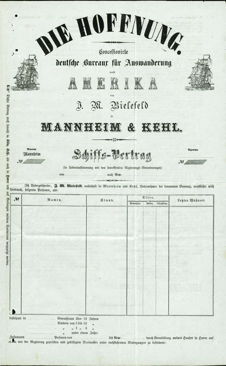 Formular „Die Hoffnung. Concessionierte deutsche Bureaux für Auswanderung nach Amerika“, 1849.