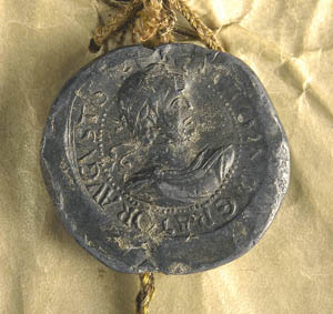 Bleibulle, anhängend an einer Urkunde Kaiser Ottos III., 999 (HStAS H 51 U 4)