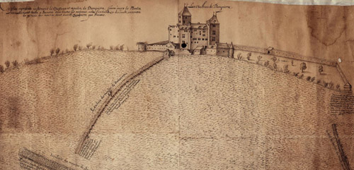 Schloss Dampierre in Mömpelgard, Zeichnung von Claude (?) Flamand, 1614 (HStAS N 220 B 13 01)