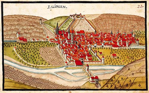 Esslingen mit der Obertor-Vorstadt, Kieser' sches Forstlagerbuch, 1683/85. Copyright: LABW 