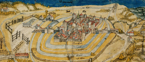 Die Reichsstadt Aalen mit Stadtbefestigung und Wassergräben, 1528 (HStAS N 201 Nr. 2)