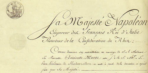 Heiratsvertrag des Erbprinzen Karl von Hohenzollern-Sigmaringen mit Antoinette Murat, 1808 (StAS FAS HS 1-80 T 1-6 R. 53, 158a)
