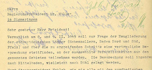 In den Akten der Tübinger Staatskanzlei erhaltene Abschrift des Einladungsschreibens mit Notizen des Staatspräsidenten Dr. Gebhard Müller. Quelle LABW (StAS Wü 2 T 1 Nr. 241, Bl. 5)