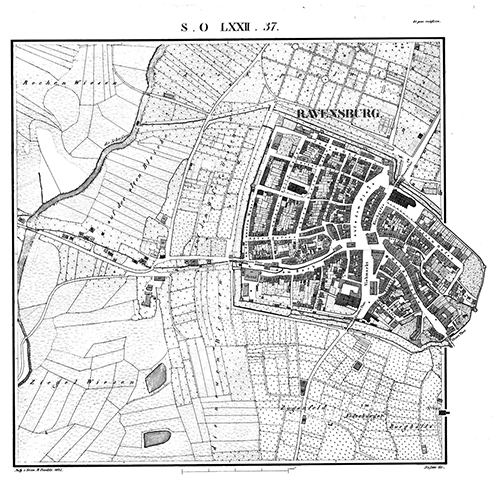 Ravensburg im Jahr 1825. Da die kleinteilige Altstadtlandschaft in der Karte als Ganzes dargestellt werden soll, fällt sie buchstäblich aus dem Rahmen. Quelle: Landesarchiv StAL EL 68 VI Nr 13847