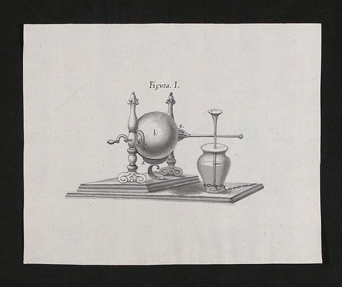 Apparatur zur Erzeugung elektrischer Ladung mittels Reibung und Ableitung derselben, Illustration der Abhandlung Danzers, 1780. Vorlage LABW (StAS Ho 1 T 7 Nr. 1578).