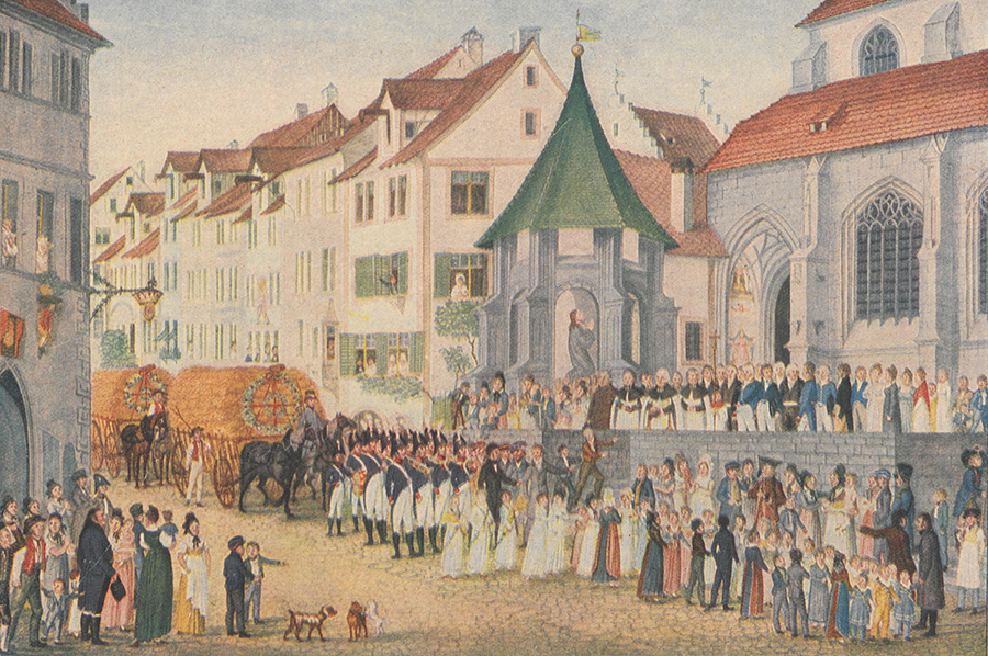 Erntedankprozession in Überlingen 1817 nach dem Hungerjahr 1816. Vorlage LABW (GLAK J-D U 2).