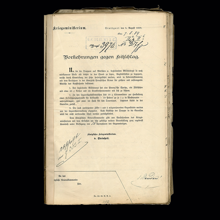Anordnung des Kriegsministeriums vom August 1889. Vorlage LABW (HStAS M 33/1 Bü 190).