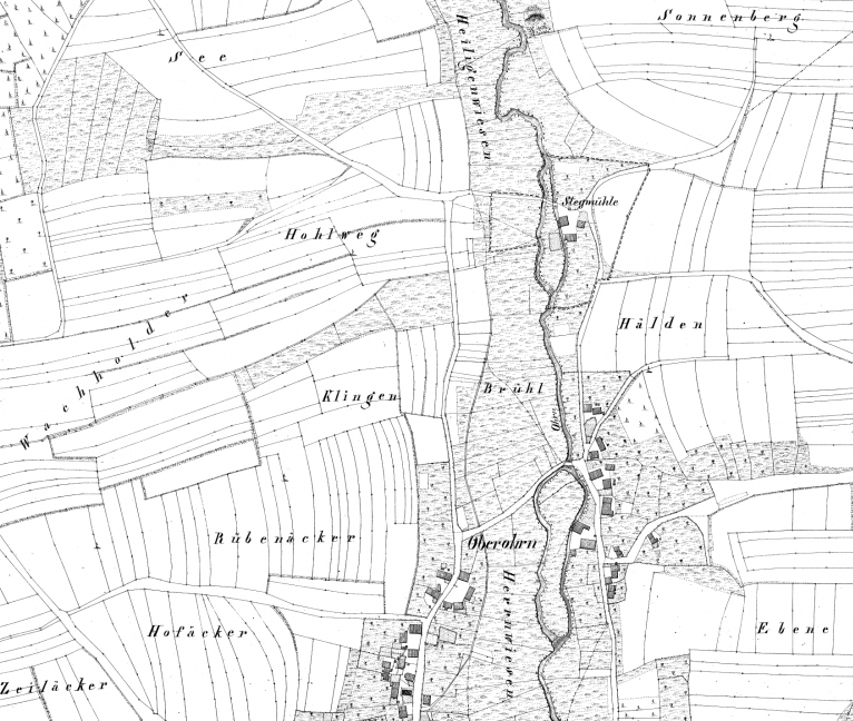 Hohlweg bei der Stegmühle von Oberohrn, Gemeinde Pfedelbach im Hohenlohekreis, Ausschnitt aus der Karte NO LXV 31 der württembergischen Landesvermessung, Stand 1833. Quelle LABW StAL EL 68 VI Nr 5485.