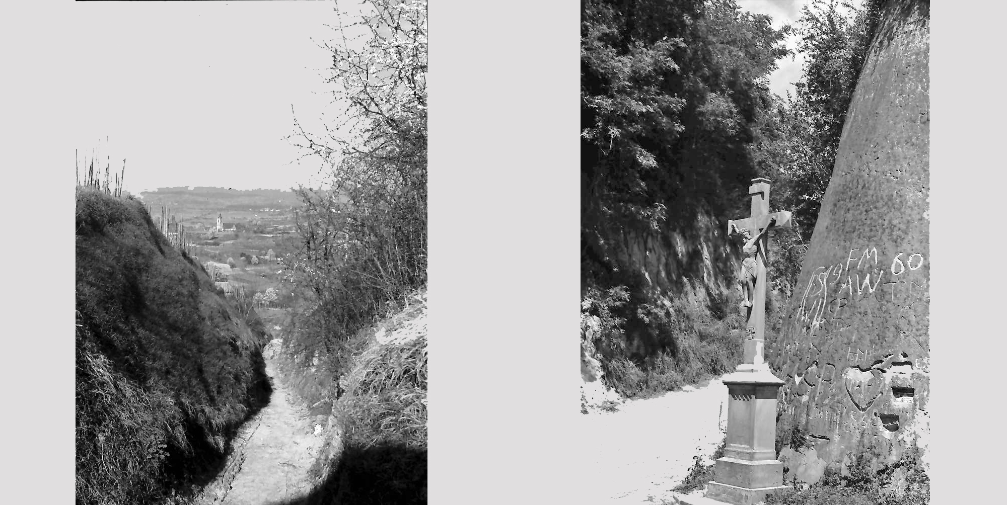 Hohlweg in den Weinbergen bei Endingen, 11. April 1952 (links) und Kreuz am Hohlweg des Turmbergs bei Merdingen, 28. Juli 1961 (rechts). Quelle LABW StAF, Sammlung Willy Pragher W 134 Nr. 022267 und 065103a.