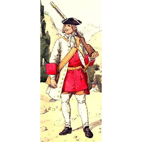 Uniform des Infanterie-Regiments Alt-Württemberg, das von 1716-1719 für Österreich auf dem Balkan kämpfte. Nach Richard Knötel, Uniformkunde, Band II, Nr. 21, Quelle Wikipedia gemeinfrei