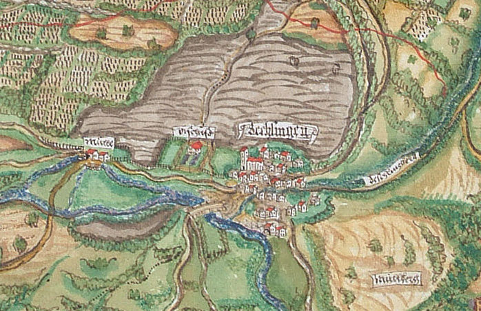 Bächlingen aus dem Hohenlohe-Atlas von Heinrich Schweickher, 1578/79. Links neben dem Ort das „Vischhus“ und eine Mühle. Quelle Landesarchiv BW, HZAN GA 100 Nr. 1054, Bild 5.