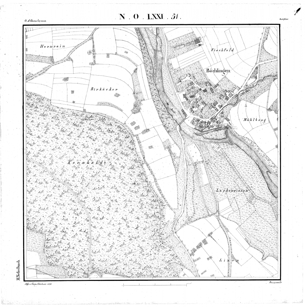 Bächlingen auf der Württembergischen Flurkarte von 1833, im Norden das Gewann „Fischfeld“, Quelle Landesarchiv BW, StAL EL 68 VI Nr 5913