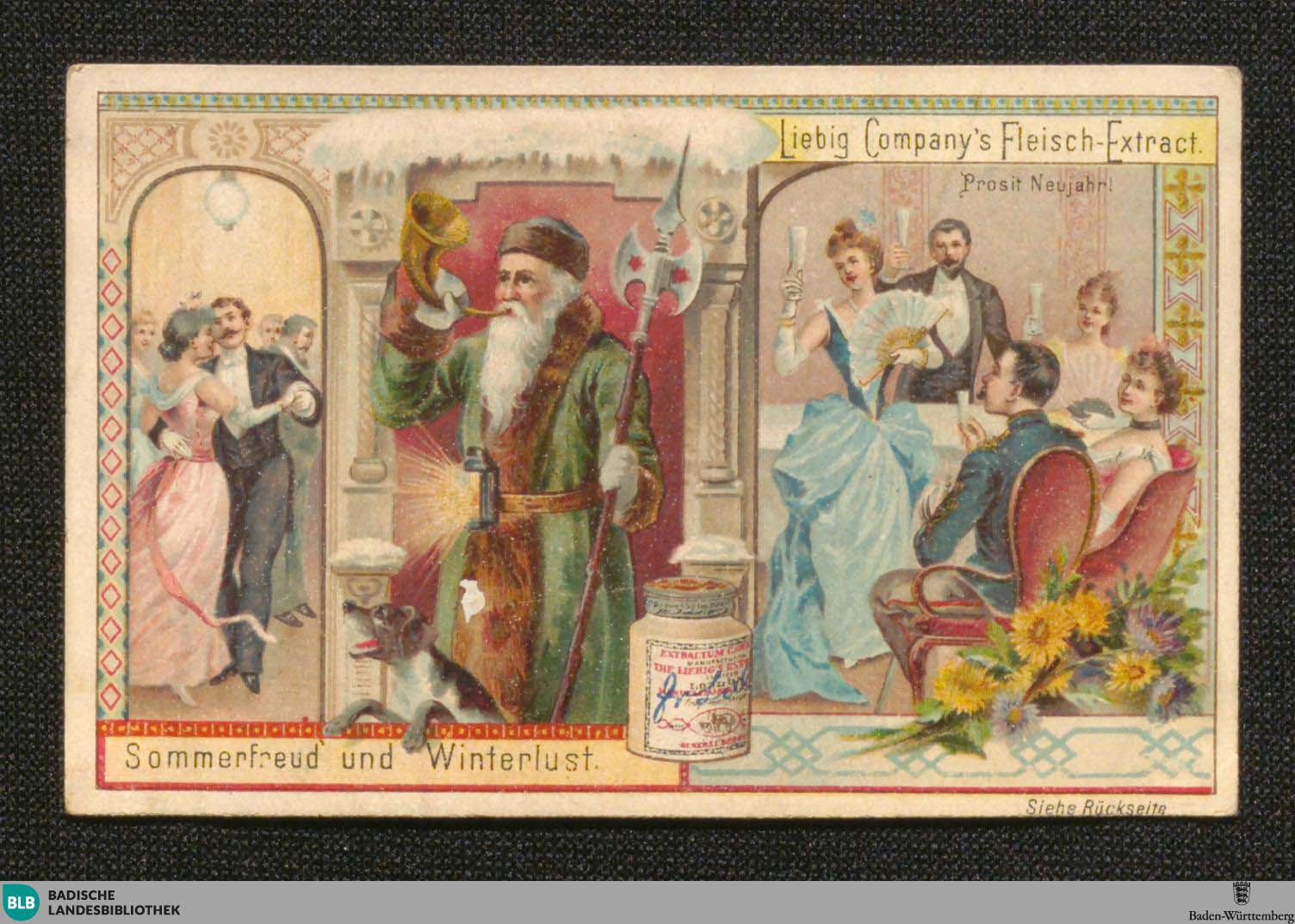 Neujahrsbild aus der Liebig-Bilderserie Sommerfreud‘ und Winterlust, 1897, Quelle: Badische Landesbilbiothek Karlsruhe 121 F 282 R 
