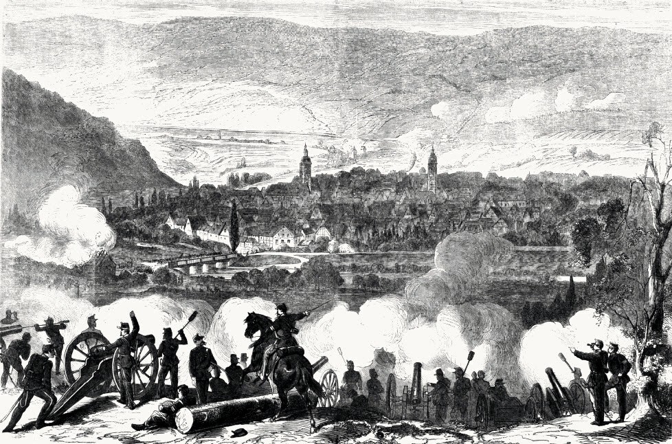 Württembergische Artillerie im Gefecht bei Tauberbischofsheim am 24. Juli 1866 am Ostufer der Tauber, nach einer Zeichnung von Friedrich Kaiser [Quelle Wikipedia gemeinfrei]