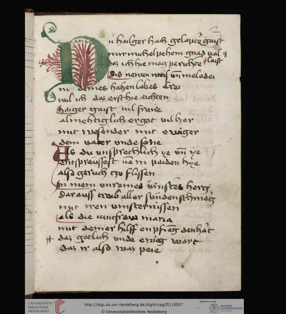 Michel Beheim, Seite aus 29 Lieder in seiner Osterweise, erschienen 1466-1468 [Quelle: UB Heidelberg, Cod Pal. germ. 351]