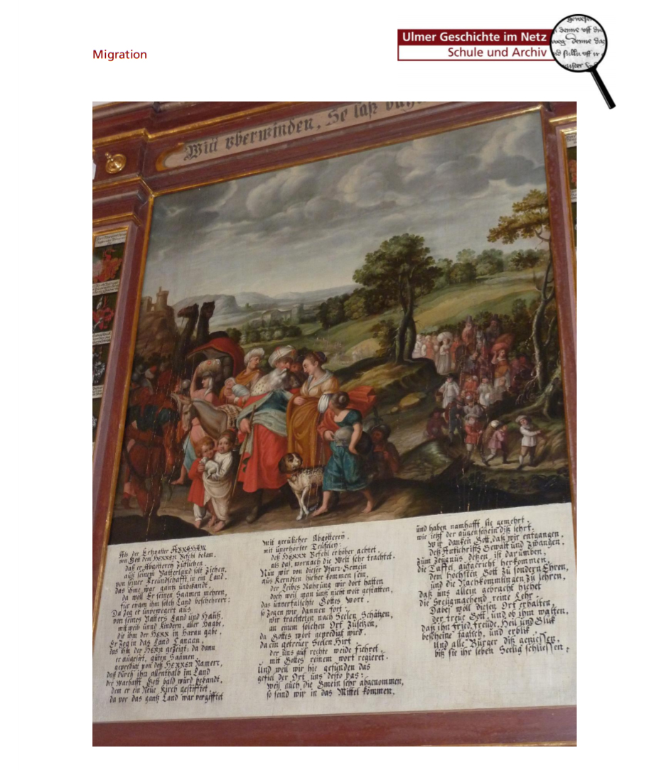Ausschnitt der Exulantentafel von 1658 in der Kirche St. Michael in Wain. Quelle: Haus der Stadtgeschichte - Stadtarchiv Ulm - Exulanten in der Herrschaft Wain > Download M6.