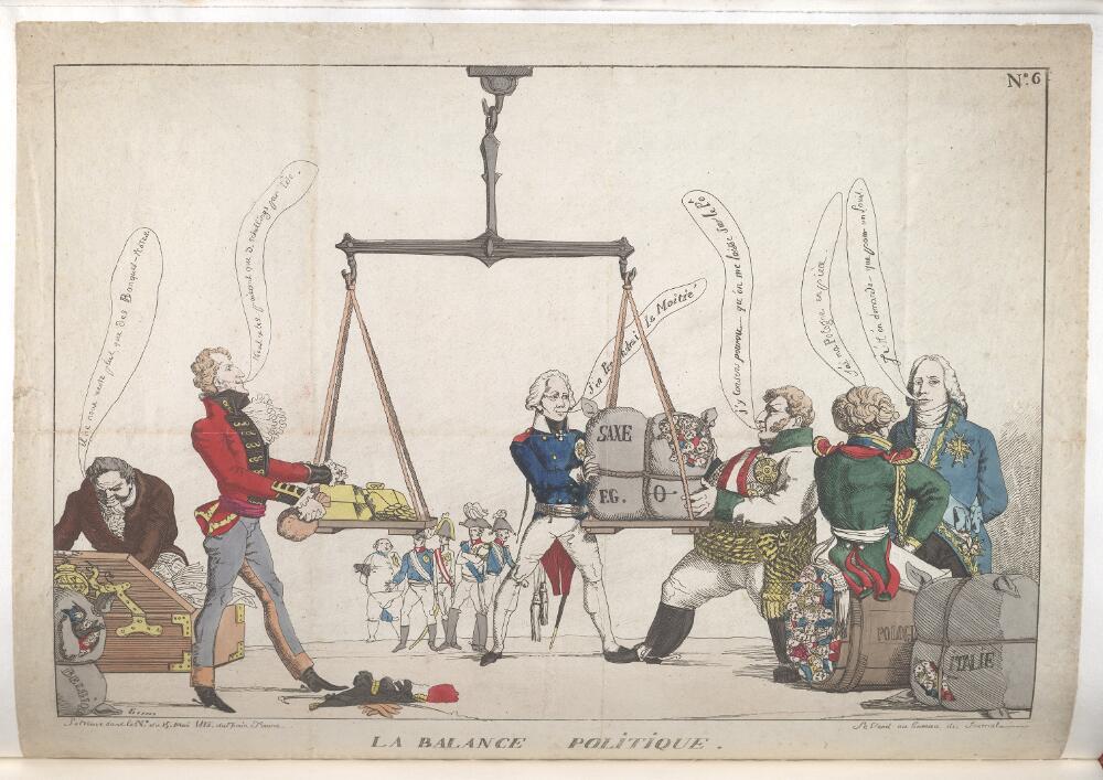 Das politische Gleichgewicht – Eine Eugene Delacroix zugeschriebene Karrikatur im Magazin Nain Jaune, Ausgabe 15, Mai 1815 [Quelle: Bodleian Libraries - Wikimedia gemeinfrei]