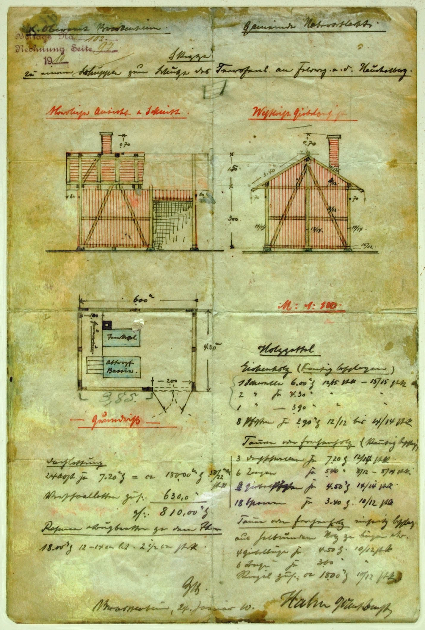 Plan des Oberamtsbaumeisters Hahn für die Überdachung der Teeranlage 1910 auf einer Infotafel zur Wiederinstandsetzung der Hütte. [Aufnahme: Landesarchiv BW]