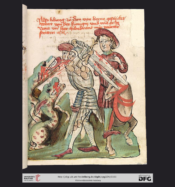 Hildebrand und Dietrich kämpfen mit den Drachen, Quelle UB Heidelberg Cod. Pal. germ. 324