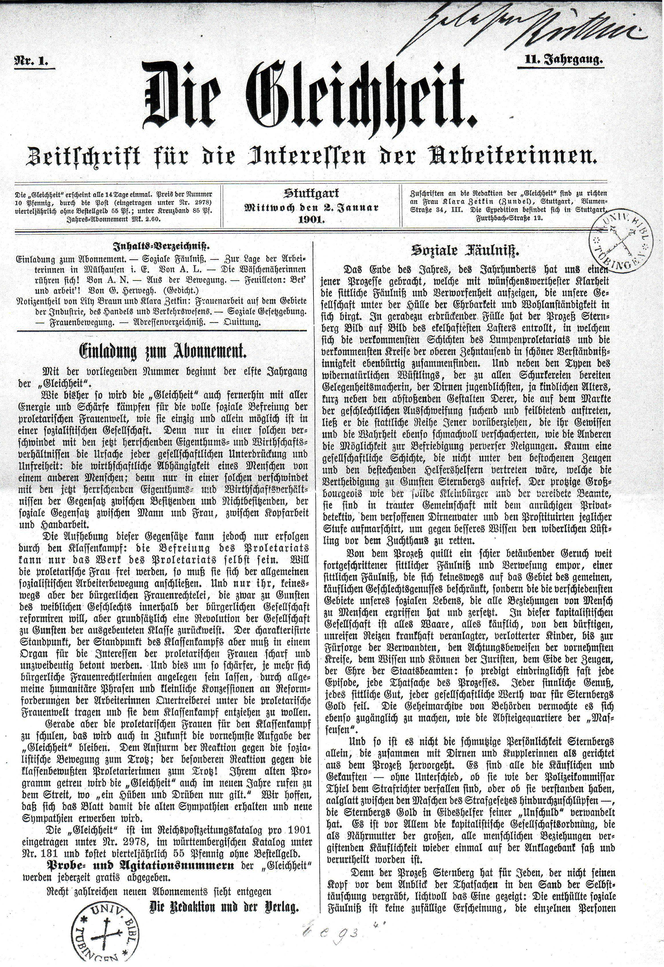 Die Zeitschrift Gleichheit, Ausgabe von 1901