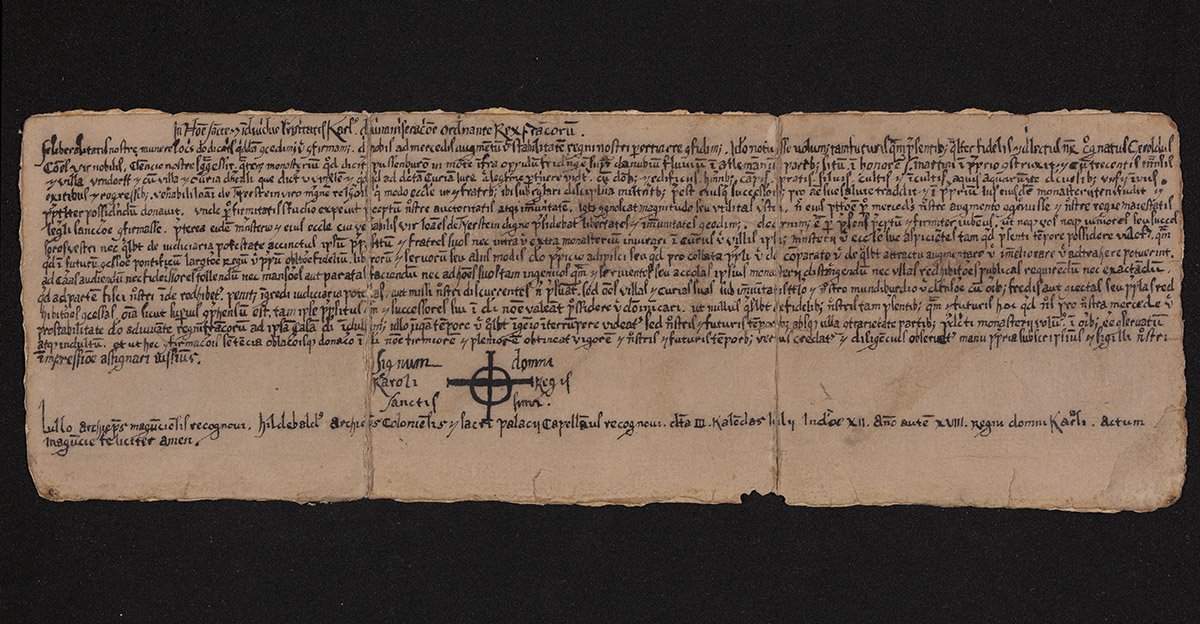 Gefälschte Nachzeichnung einer Urkunde Karls des Großen von 786, Vorlage: Landesarchiv BW, StAS FAS DS 26 T 2 Nr. 1
