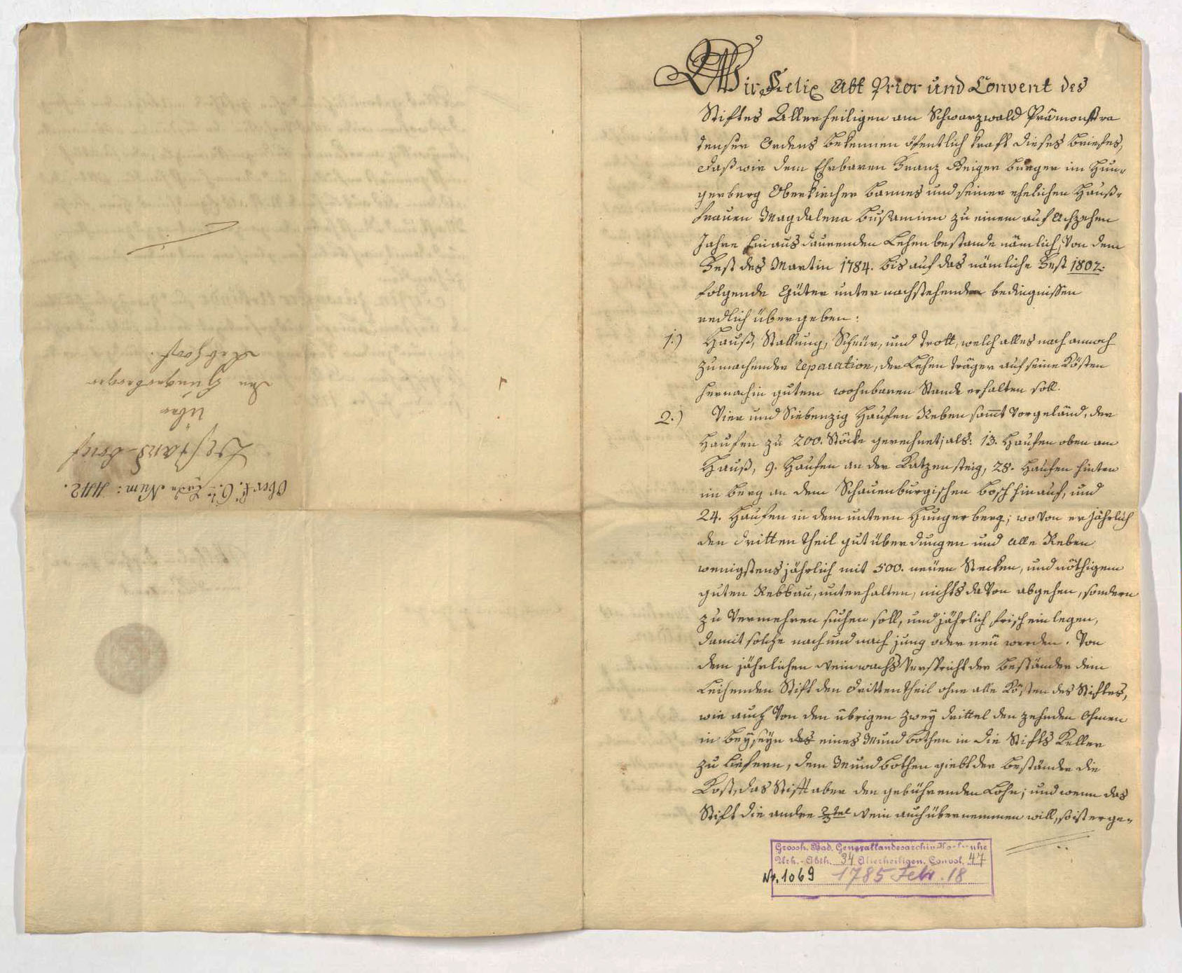 Pachturkunde des Klosters Allerheiligen für Franz Geiger, Bürger zu Hungerberg bei Oberkirch vom 18. Februar 1785, Quelle: Landesarchiv BW GLAK 34 Nr. 1069