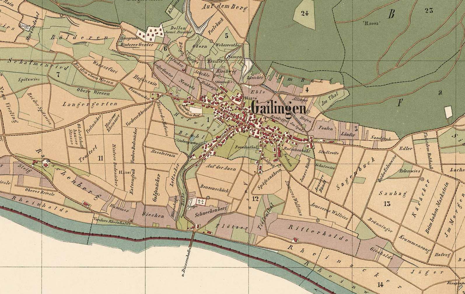 Gailingen auf der Badischen Gemarkungskarte, 1877/79, oben der jüdische Friedhof, Quelle: Landesarchiv BW, GLAK H-1 Nr. 528 1877 