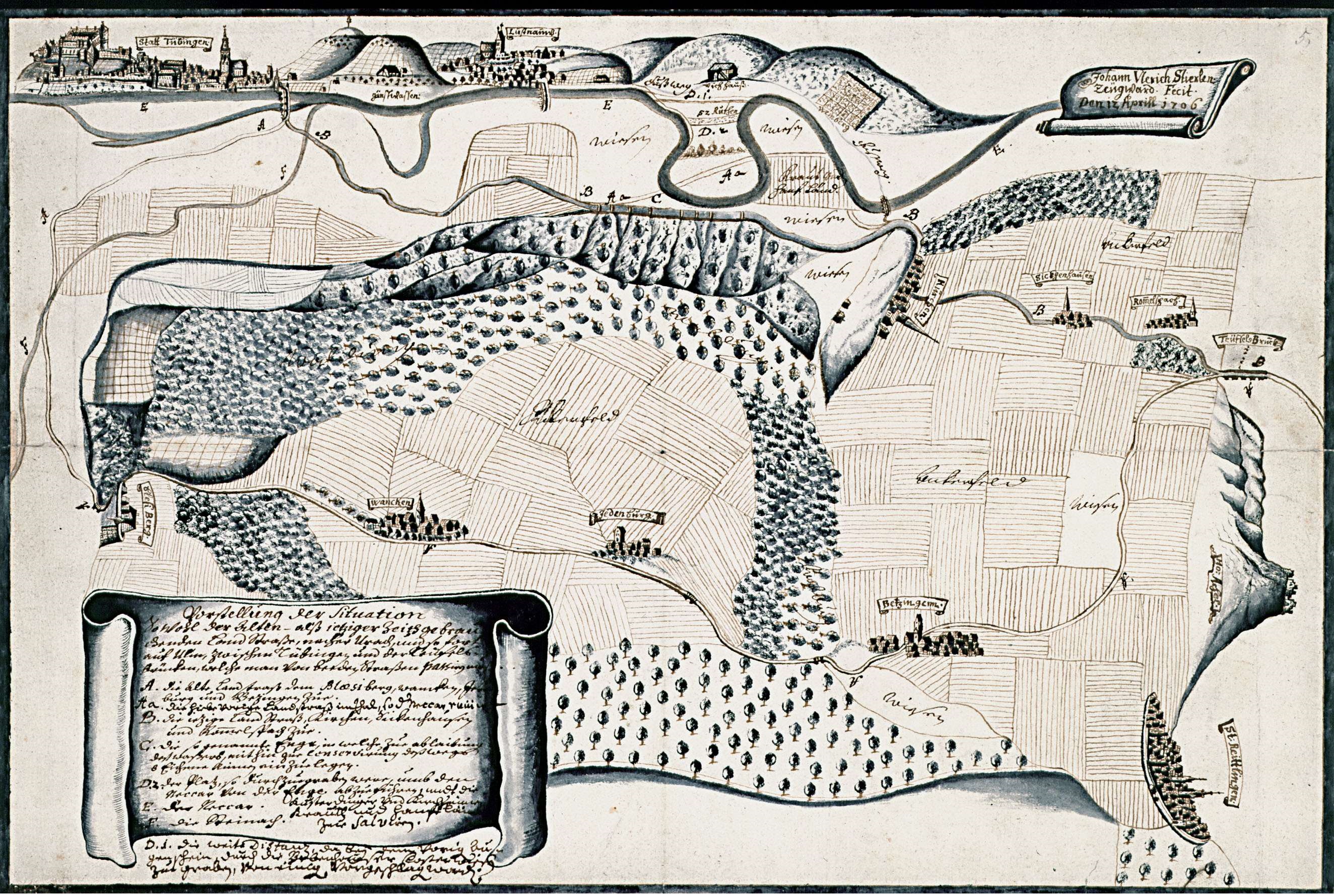 Die Landstraße von Tübingen nach Ulm, Karte des Feldmessers Ulrich Stierlin, 1706, Quelle Landesarchiv BW, HStAS N1 Nr. 92, Bild 2.