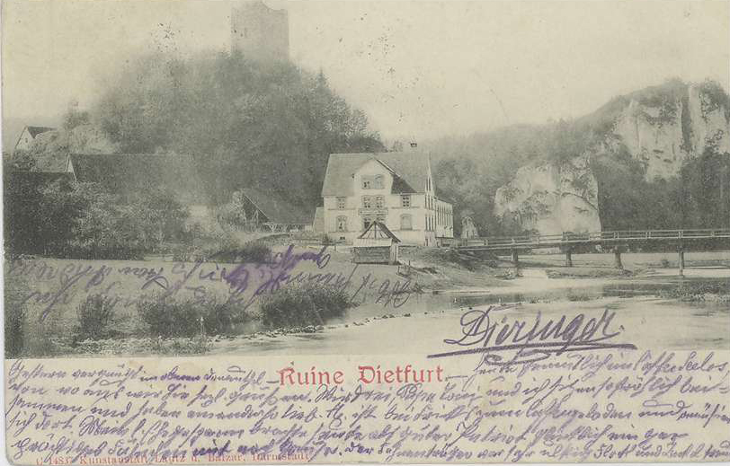 Burgruine Dietfurt von der Donau aus gesehen, Postkartenansicht um 1908, [Quelle: Landesarchiv BW, StAS N 1/78 T 1 Nr. 41, 1]
