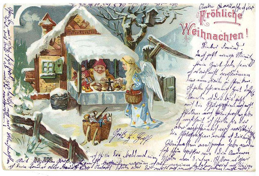 Zuweilen erscheint das Christkind mit Flügeln. Weihnachtspostkarte aus der Sammlung Robert Arnaud, gelaufen vor 1901. [Quelle: Landesarchiv BW, StAS N 1/78 T 1]