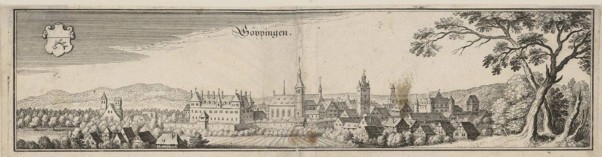 Göppingen in der Topographia Suebiae von Matthaeus Merian, 1643, mit dem Turmhelm der 1619 eingeweihten Stadtkirche in ursprünglicher Gestalt [Quelle: WLB Stuttgart, Graphische Sammlungen Schef.qt.2172]