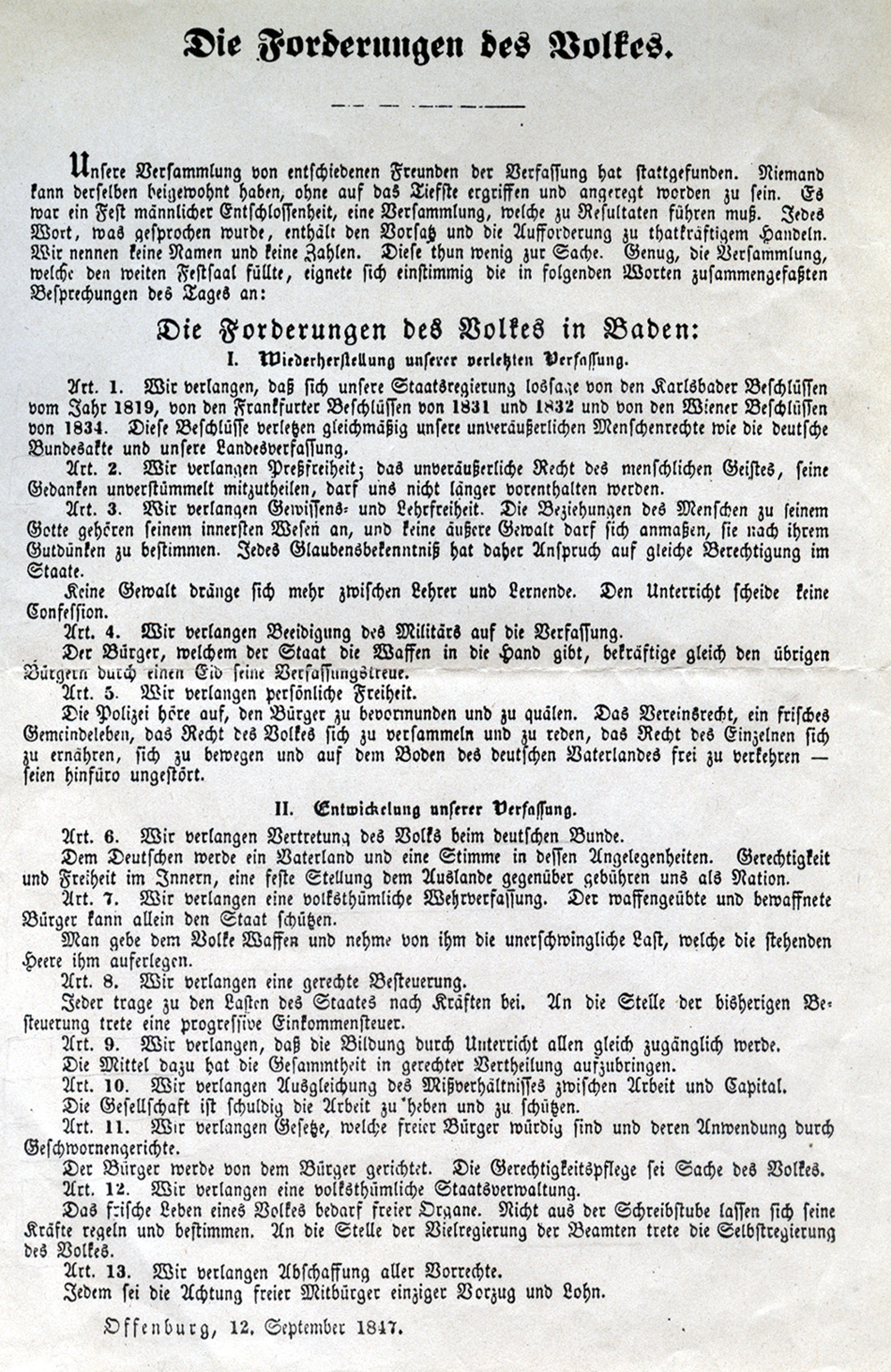  Forderungen des Volkes in Baden, Flugblatt von 1847 
