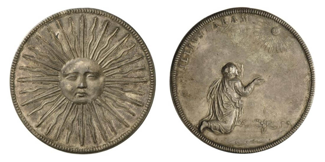 Medaille mit Sonnengesicht und Sonnenanbetung nach Virgils Gedicht Bucolica [Quelle: Landesmuseum Württemberg MK 19319]