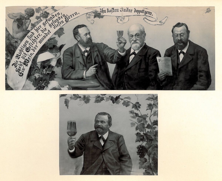 Likörfabrikant Ludwig Landauer (oben Mitte) auf einer Darstellung zur Gewerbeausstellung in Heilbronn 1897 [Quelle: Stadtarchiv Heilbronn, Datenbank Heuss, Signatur F006-3, Wikipedia gemeinfrei]