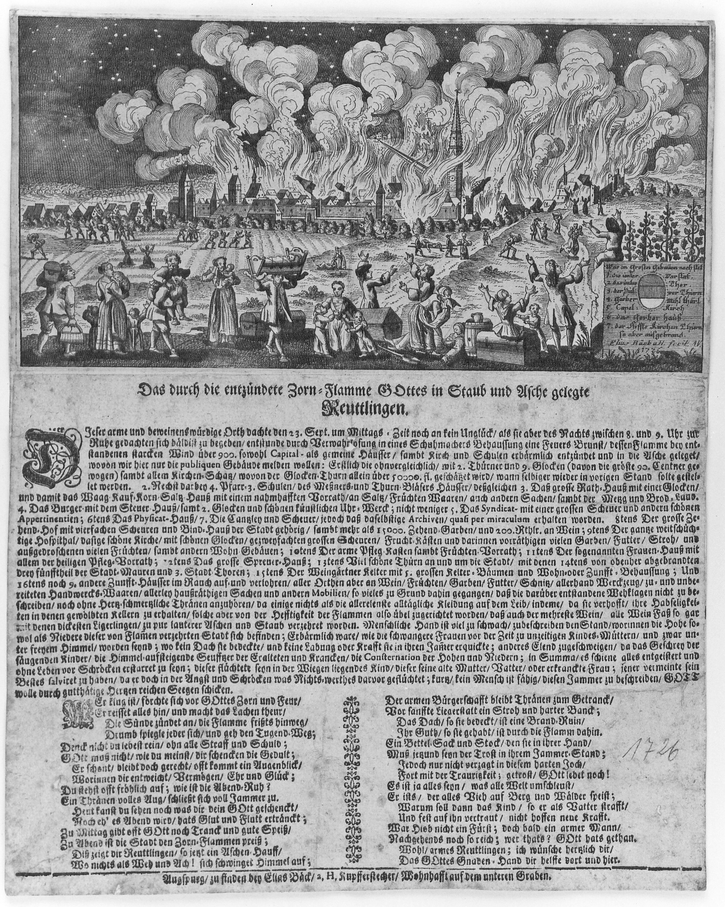 Flugblatt, gedruckt anlässlich des Reutlinger Stadtbrands von 1726 zur Erhebung von Spendengeldern, Quelle Heimatmuseum Reutlingen/Wikimedia Commons