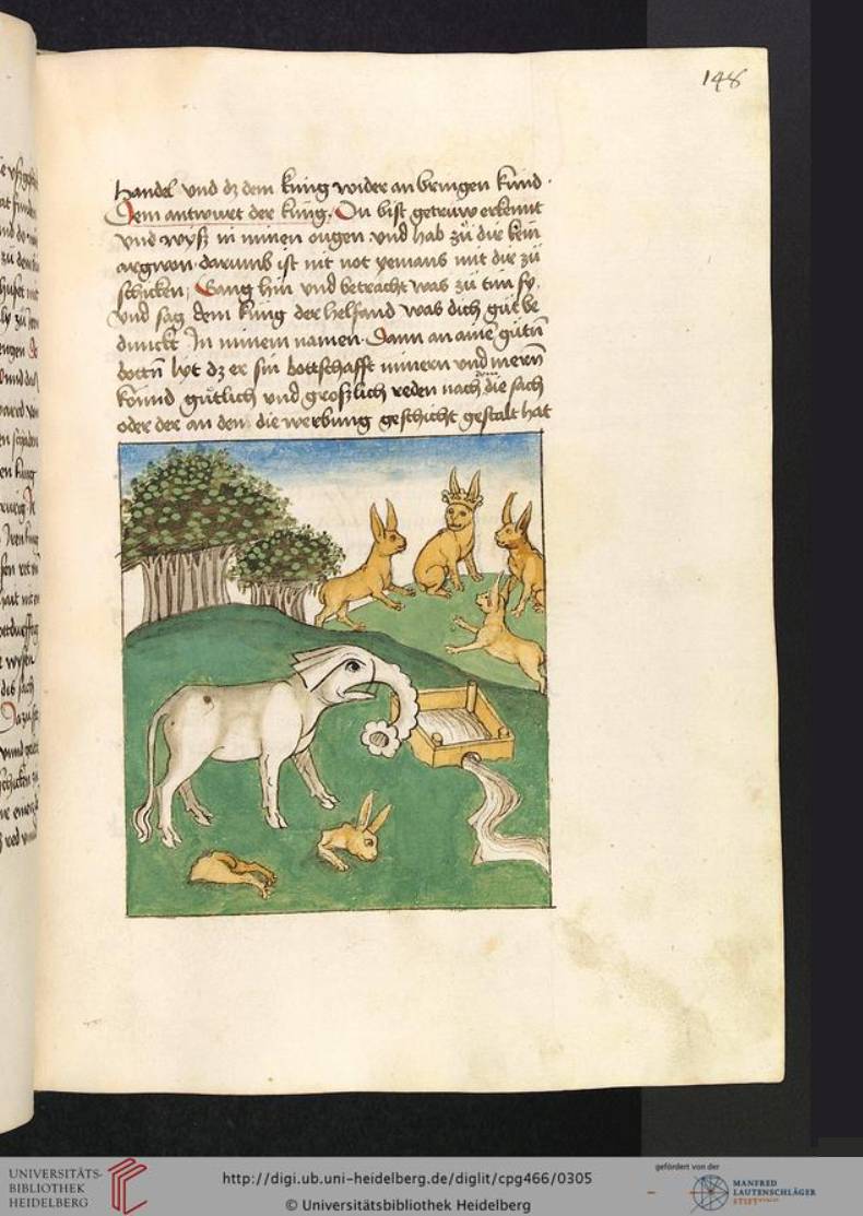 Der alte Hase und der Elefantenkönig am Brunnen aus dem Buch der Beispiele, Druckausgabe um 1471-1477, Quelle UB Heidelberg 