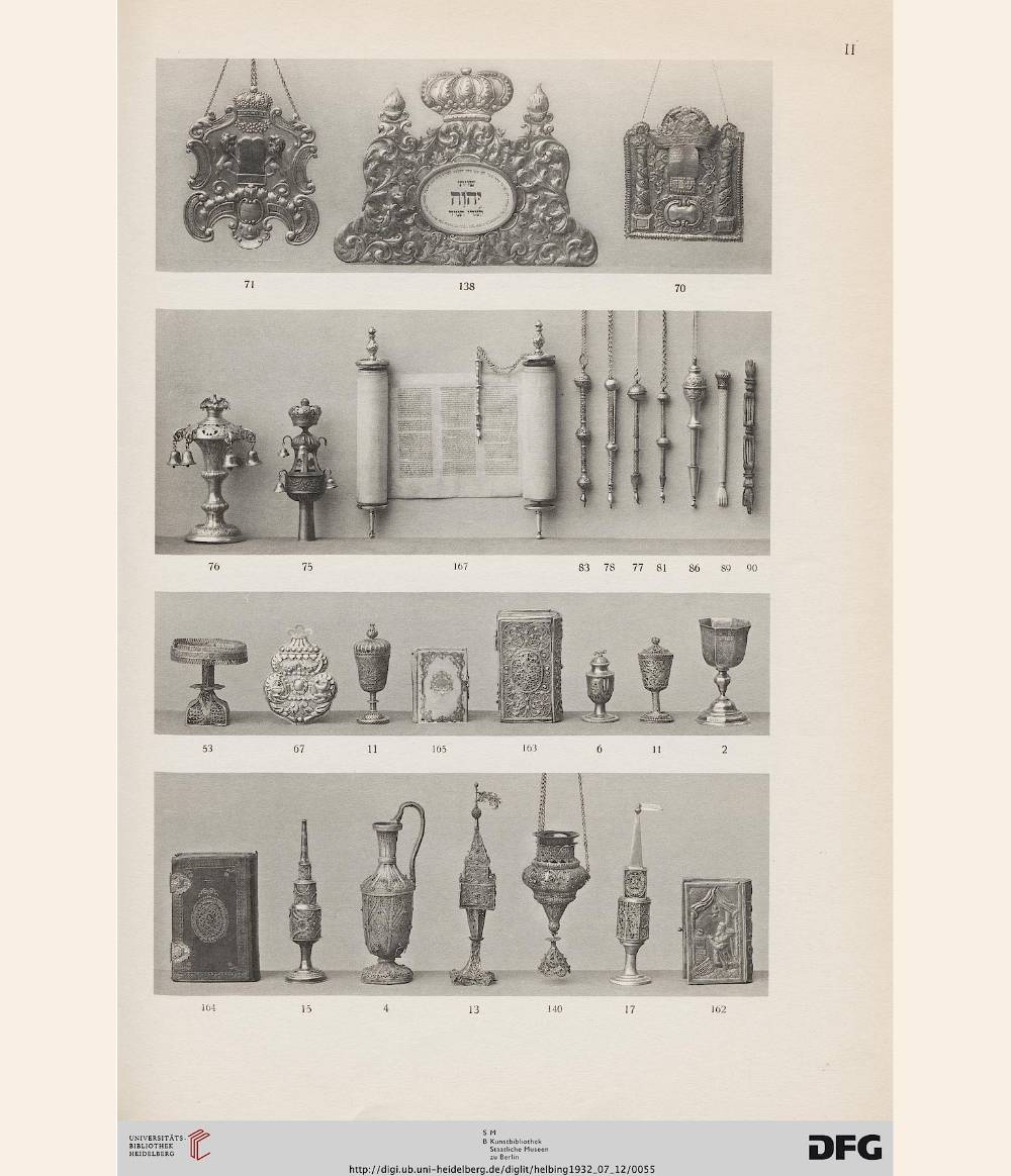 Bildtafel mit Tora-Schmuck und Kultgegenständen aus dem Katalog anlässlich der Versteigerung der Sammlung Kirschstein, Juli 1932, Quelle UB Heidelberg urn:nbn:de:bsz:16-diglit-6567