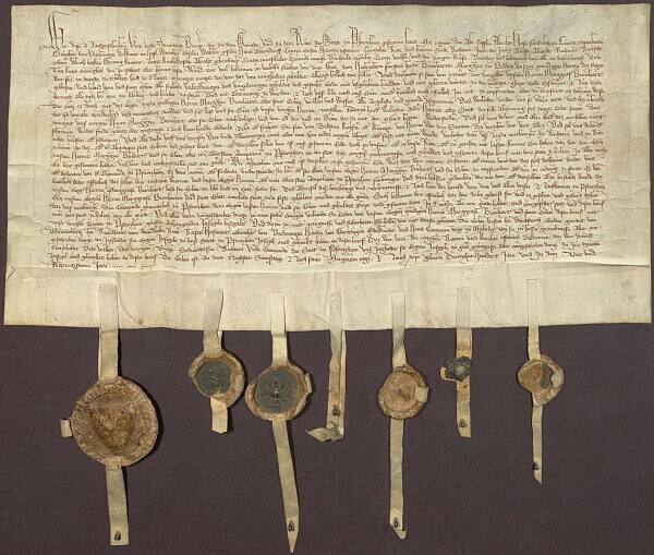  Huldigung der Pforzheimer Bürger als Leibeigene gegen Markgraf Bernhard I. von Baden am 16.07.1384 