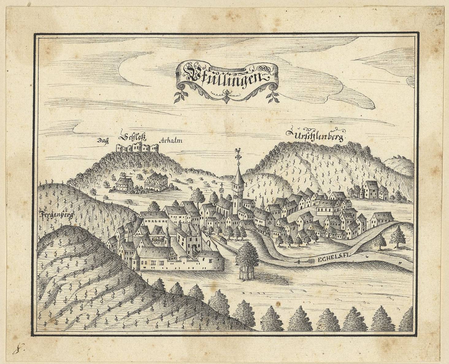 Pfullingen mit dem „Urschlenberg“, Ansicht aus der ersten Hälfte des 18. Jh., Quelle Württembergische Landesbibliothek 402388534 