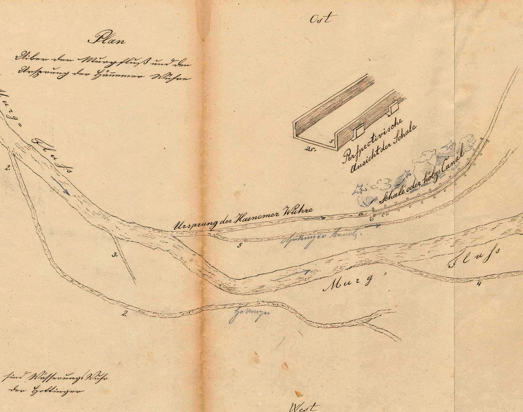 Plan zu einer Beschwerde von Anrainern des Hännerer Wuhrkanals um 1850, Quelle LABW StAF B 733/1 Nr. 7284