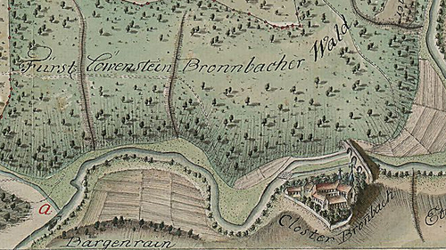 Kloster Bronnbach mit Umgebung auf einer Karte von Jakob Lohr 1805 - Quelle LABW