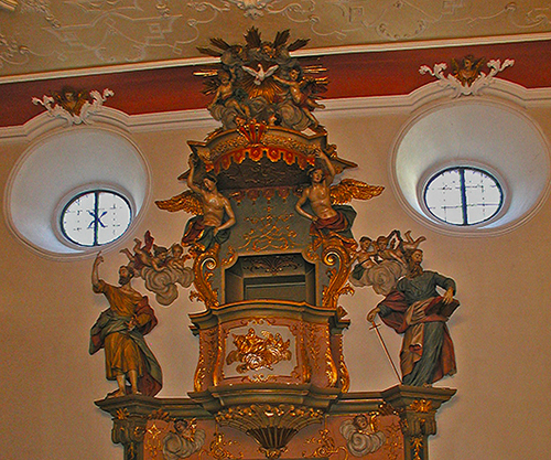 Kanzelwand der ehemaligen Hospitalkirche in Schwäbisch Hall, um 1730/40. Copyright: LABW
